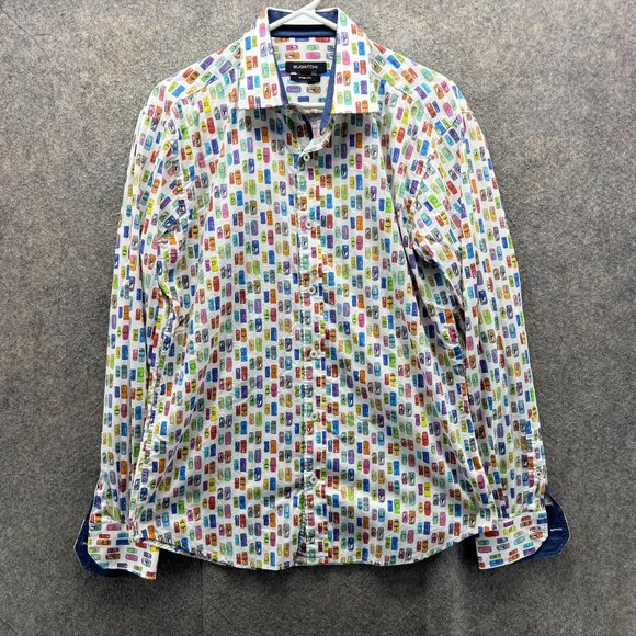 Bugatchi Shirt Mens Large Multicolor Button Down Long Sleeve Cars Pattern AOP - Picture 1 of 12